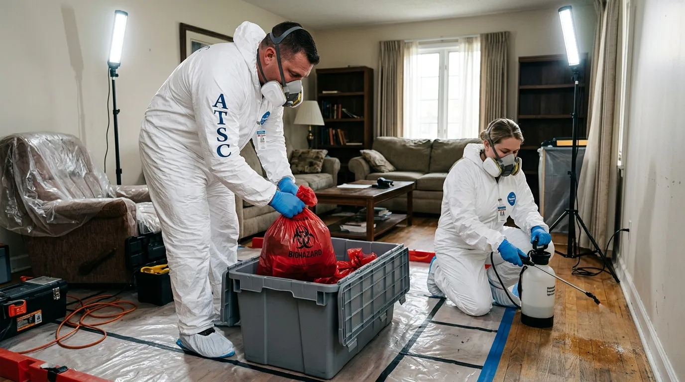 Professional Hoarding Cleanup technician in full PPE working in Crestwood